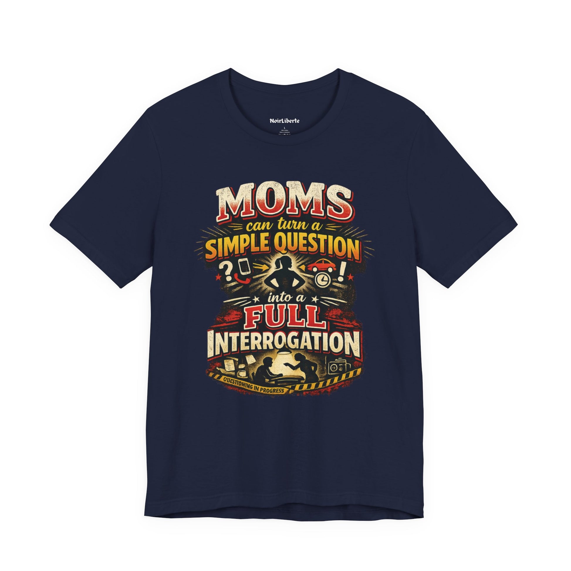 funny shirt with graphic phrase about moms asking too mny questions, Navy