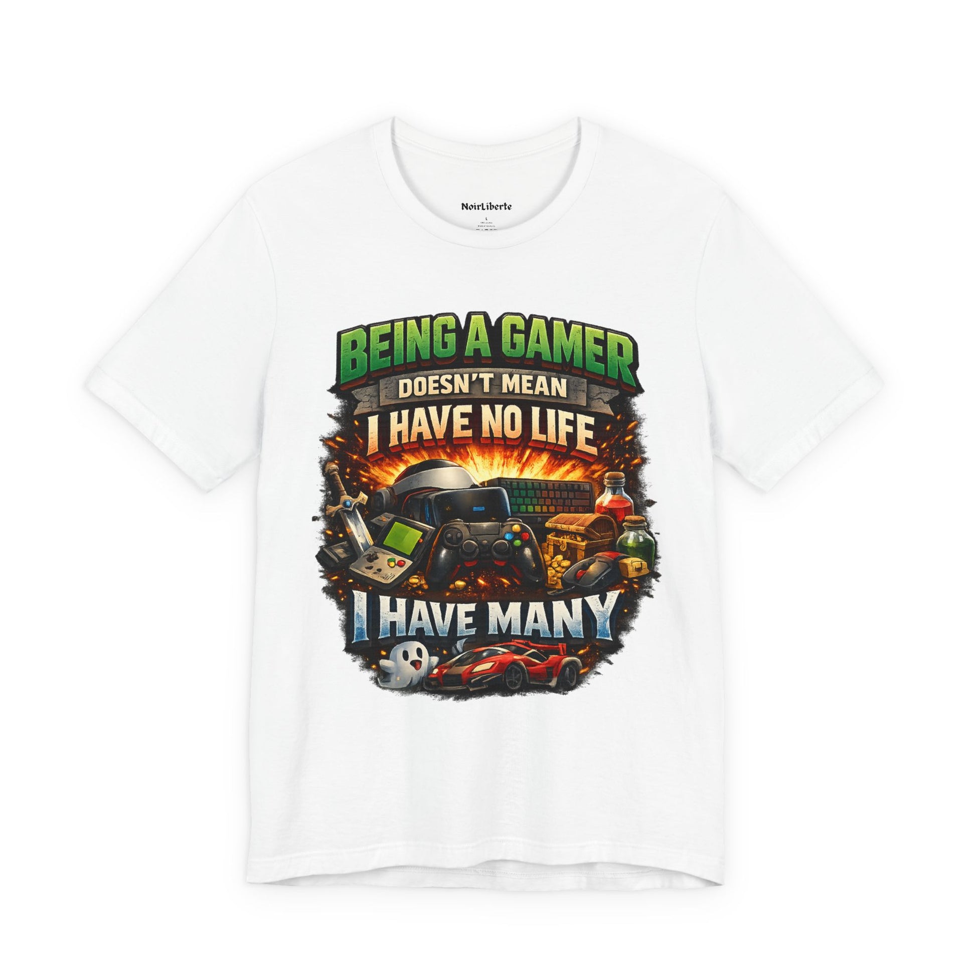 Funny shirt with a graphic phrase about gamers having multiple lifes, White