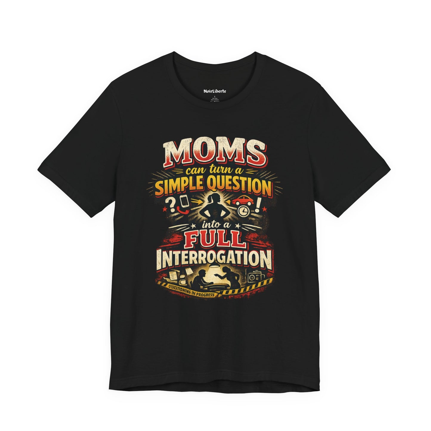 funny shirt with graphic phrase about moms asking too mny questions, Black