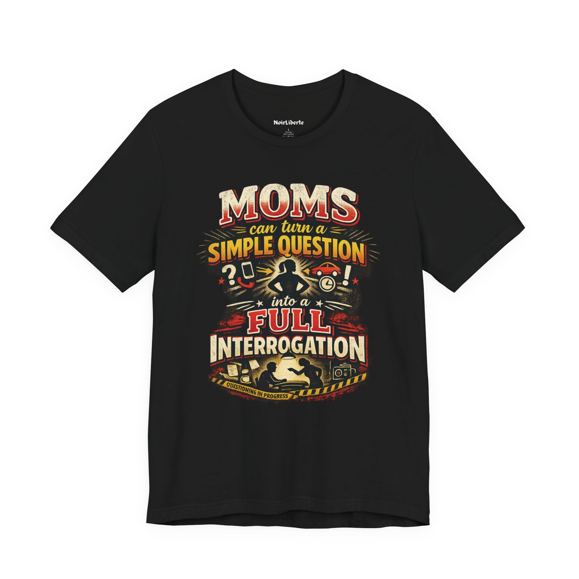 funny shirt with graphic phrase about moms asking too mny questions, Black