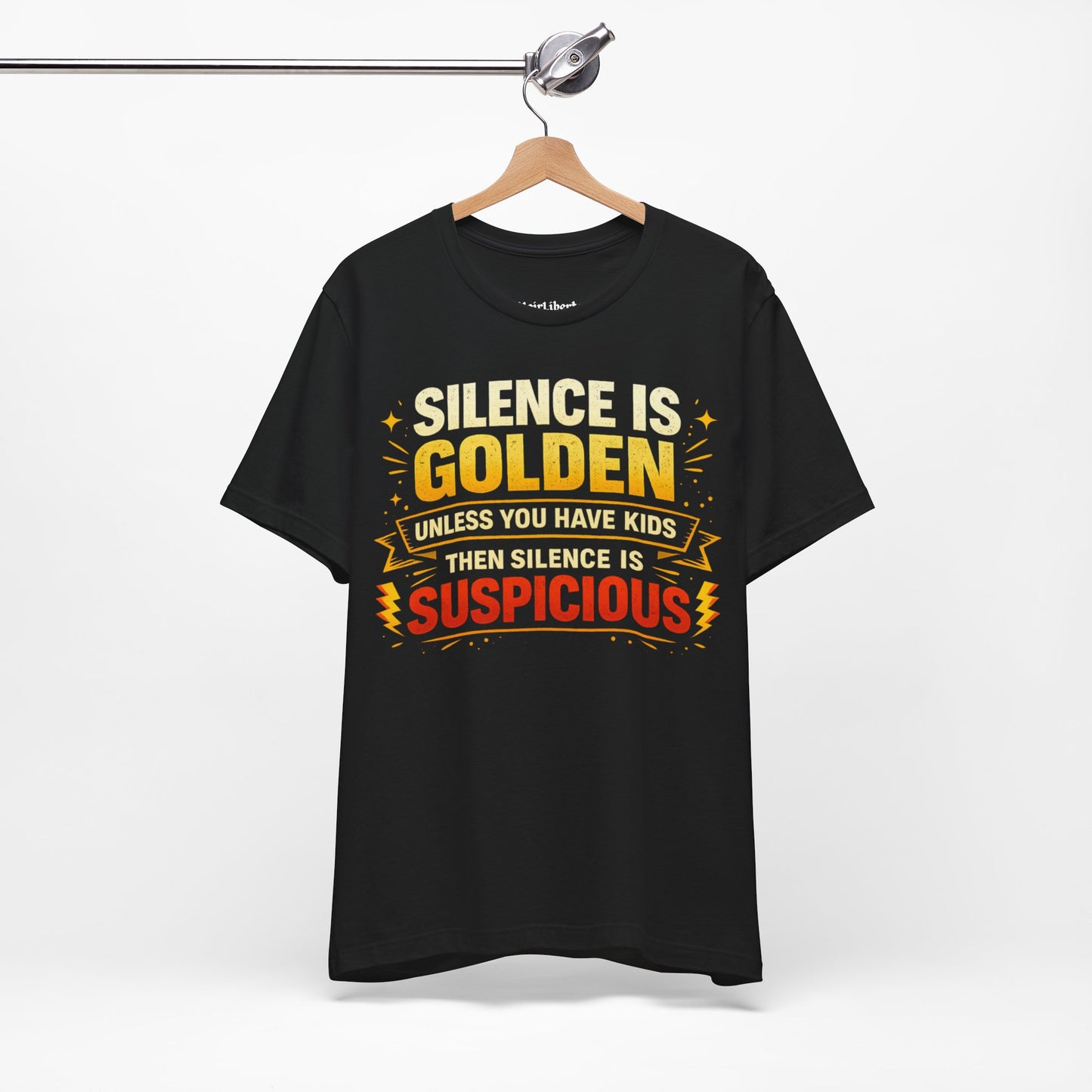 Funny shirt with a graphic phrase about parenting chaos, Black, Hanging from a cloth hanger