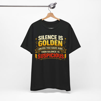 Funny shirt with a graphic phrase about parenting chaos, Black, Hanging from a cloth hanger