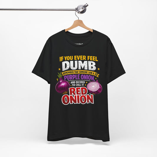 Funny onion graphic shirt hang from a clothes hanger