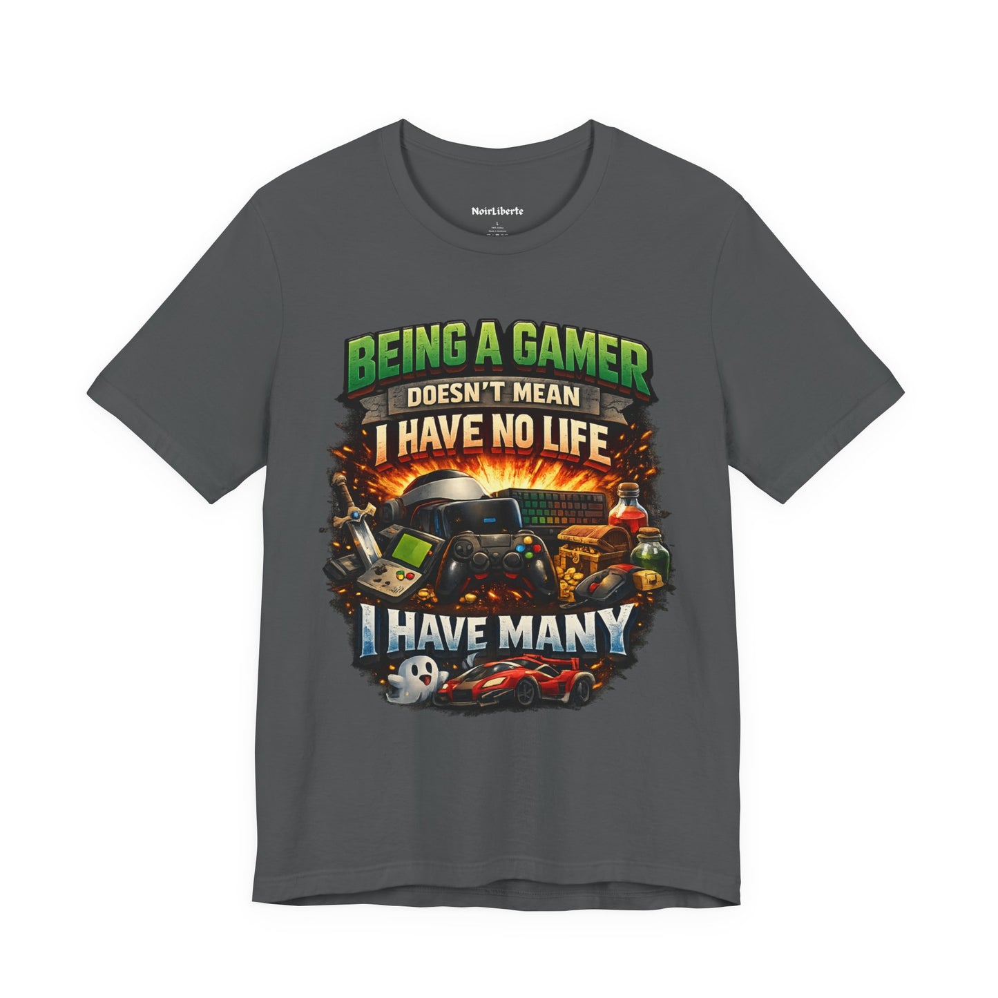 Funny shirt with a graphic phrase about gamers having multiple lifes, Grey