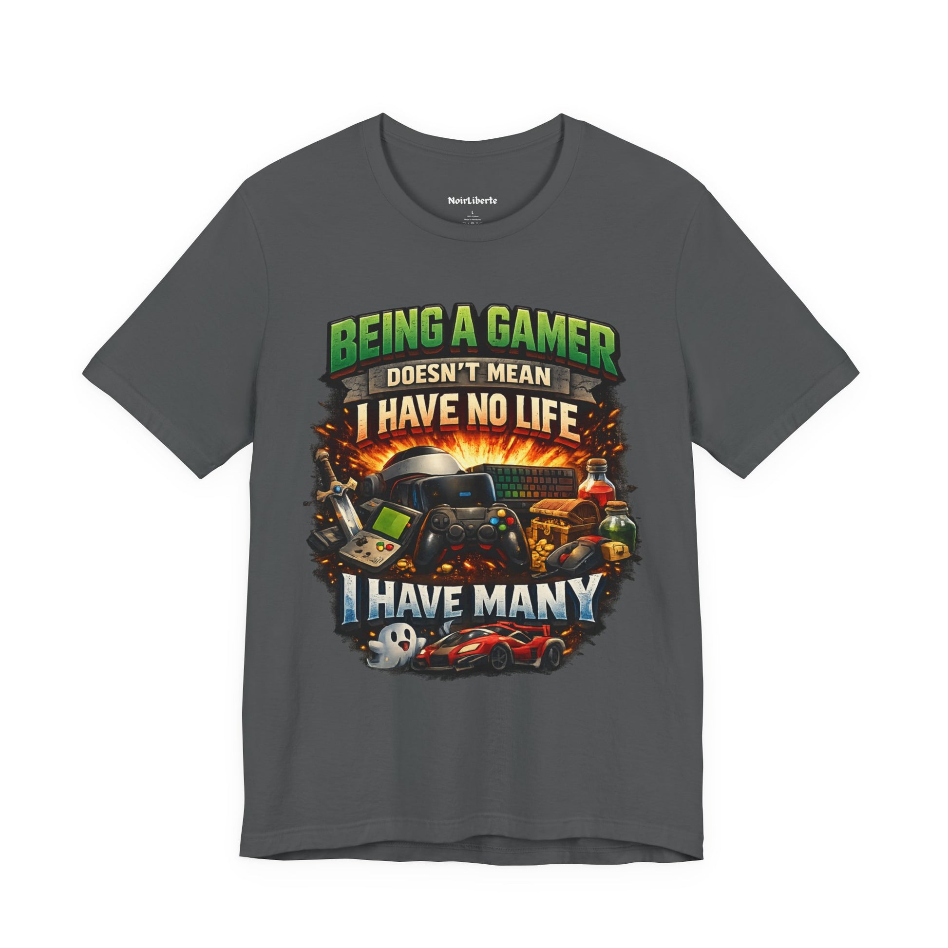 Funny shirt with a graphic phrase about gamers having multiple lifes, Grey