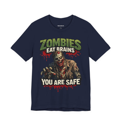 funny shirt with graphic phrase that says zombies eat brains you are safe, Navy