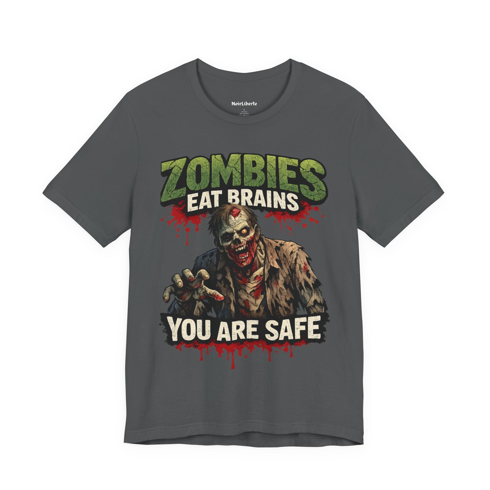 funny shirt with graphic phrase that says zombies eat brains you are safe, Grey