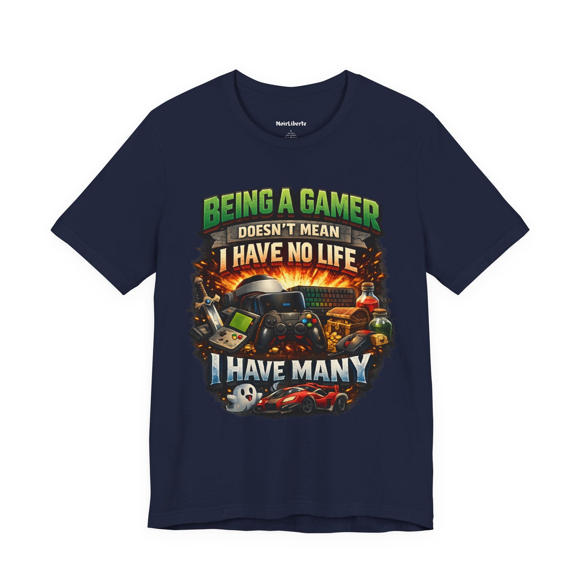 Funny shirt with a graphic phrase about gamers having multiple lifes, Navy