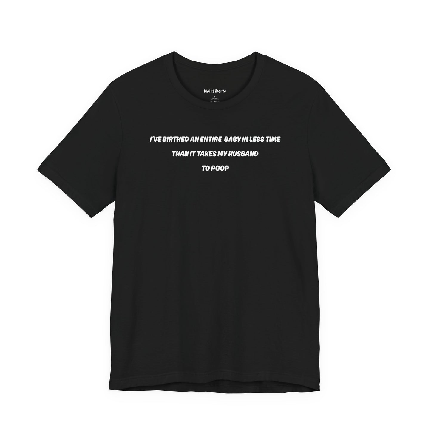 Funny shirt with a graphic phrase about men taking too long to poop, Black