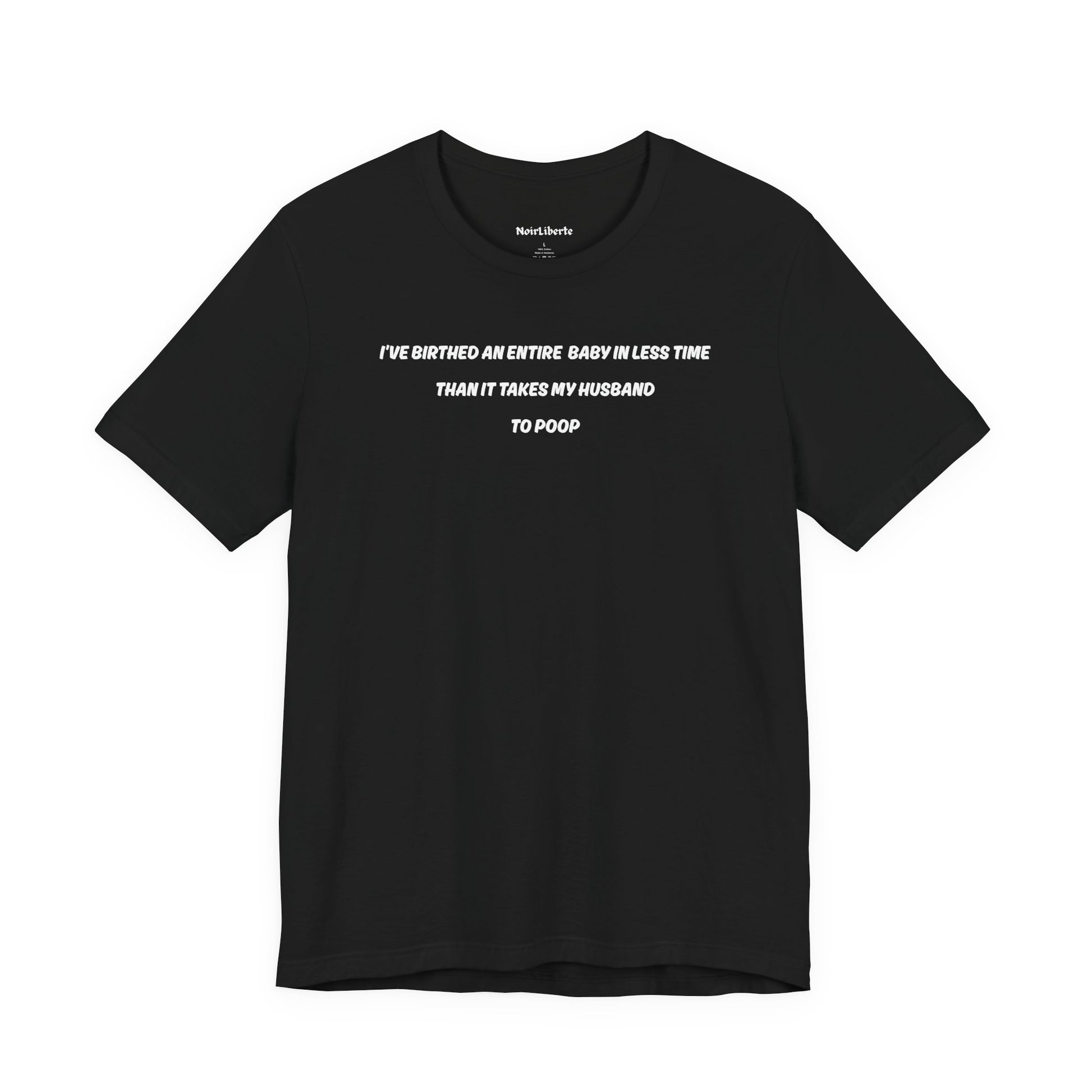 Funny shirt with a graphic phrase about men taking too long to poop, Black