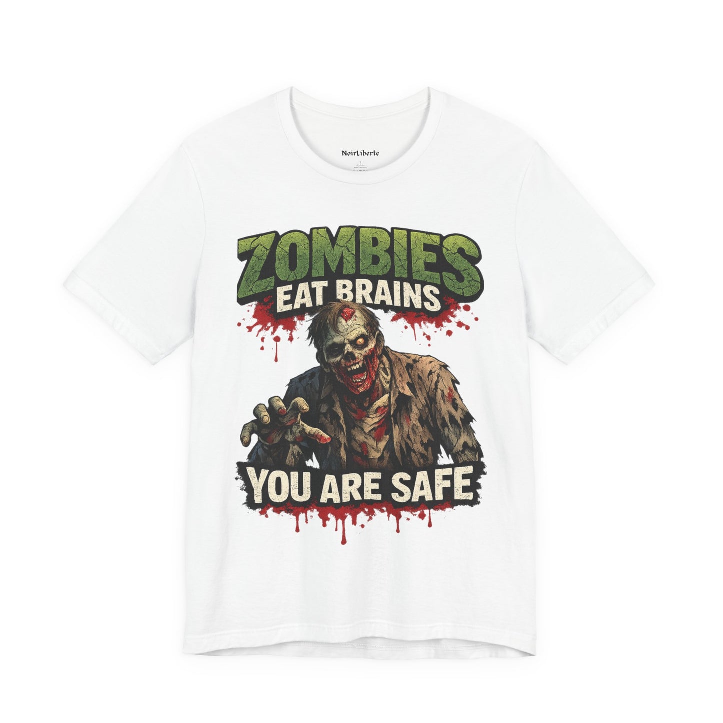 funny shirt with graphic phrase that says zombies eat brains you are safe, White