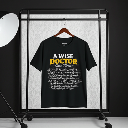 funny shirt with graphic phrase about doctors having bad hand writing, Black, Hang from a cloth hanger