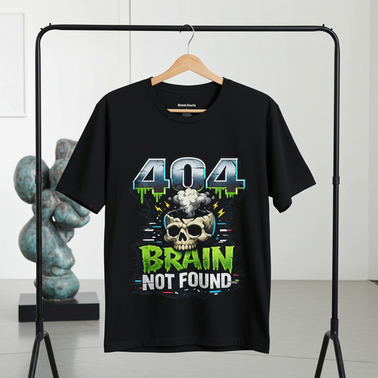 Funny shirt with a graphic phrase that says 404 brain not found, Black, hanging from a cloth hanger
