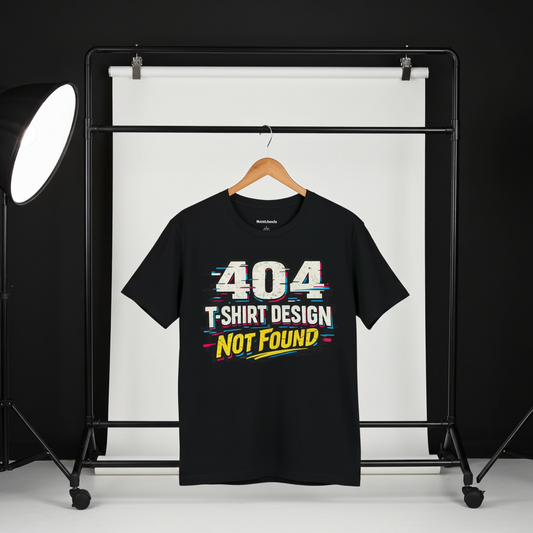 Funny shirt with a 404 funny graphic phrase, Black, Hanging from a cloth hanger