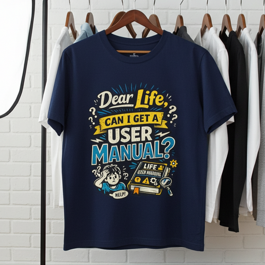 Funny shirt with a graphic phrase about the troubles of growing up, Navy, Hanging from a clothing hanger
