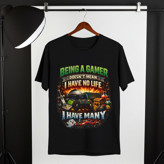 Funny shirt with a graphic phrase about gamers having multiple lifes, hanging from a cloth hanger, Black